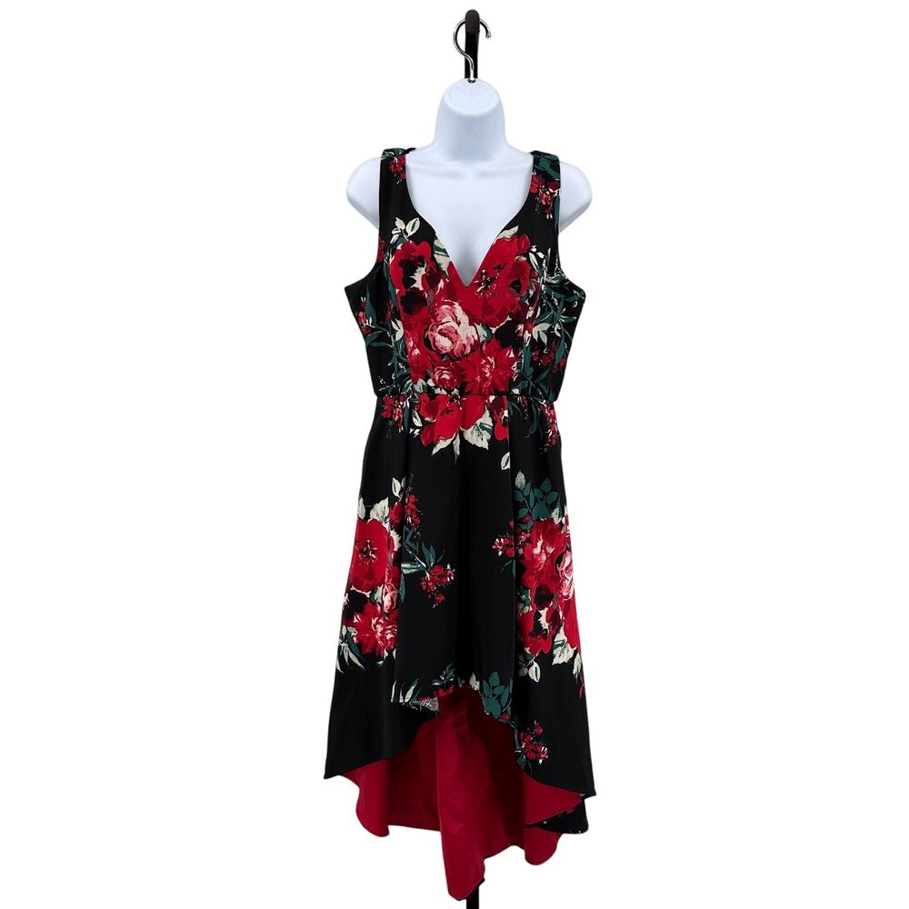 Trixxi Trapeze Floral Hi-Low Maxi Dress Women's L Red/Black Lined, V-neck Formal